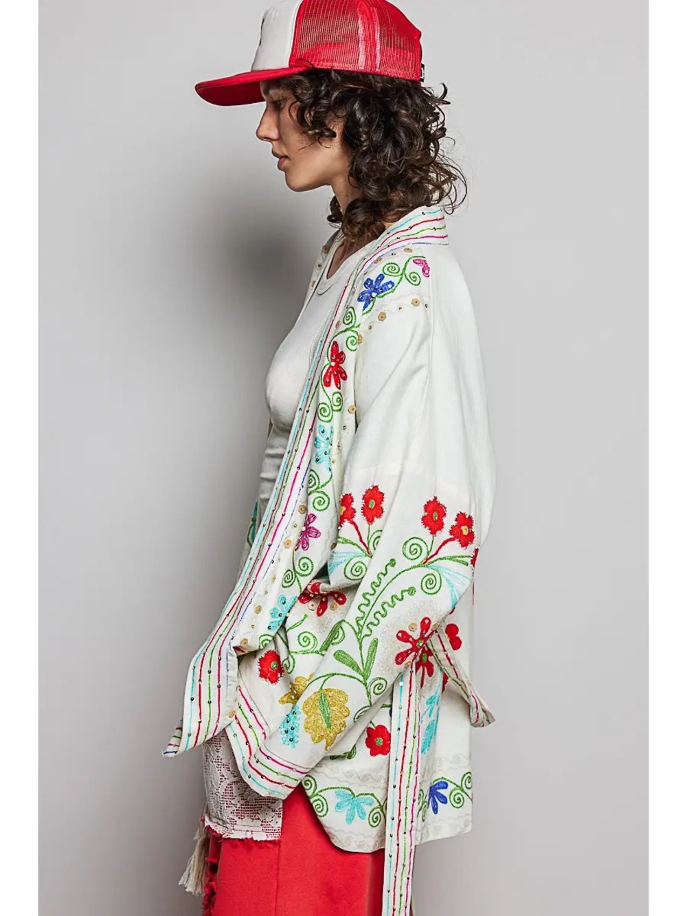 POL Long Sleeve Tassel Trim Waist Band Printed Woven Cardigan - S M L - Picture 3 of 4